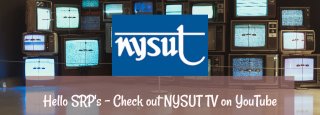 old tvs hanging on wall with blue nysut logo hanging in front